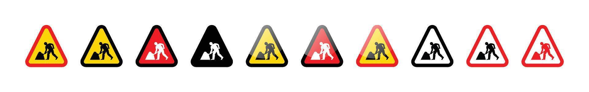 Collection of road work ahead warning signs in different color variations vector