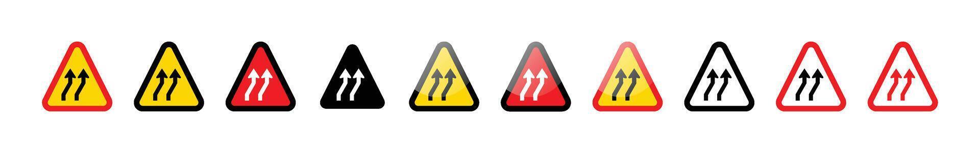A row of nine triangular road signs indicating traffic merging from both sides vector