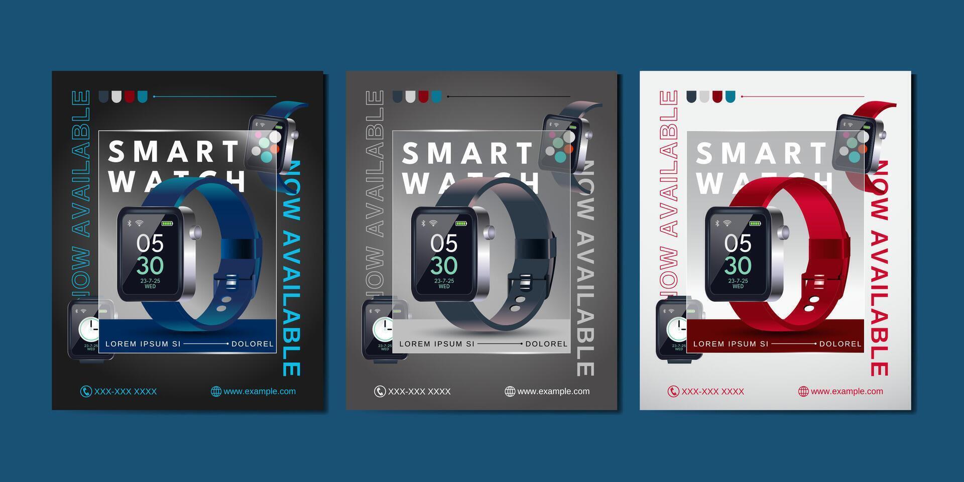 Stylish promotional posters for smartwatches featuring clean layouts and bold product shots. Ideal for tech ads, ecommerce, and digital product launches vector