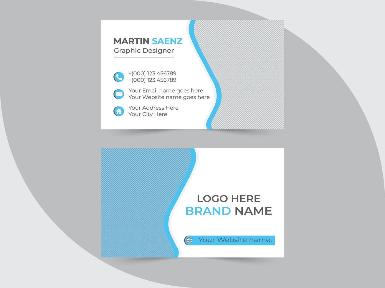 Sleek Modern Blue and White Business Card Design Template for Graphic Designers, Professional and Clean vector