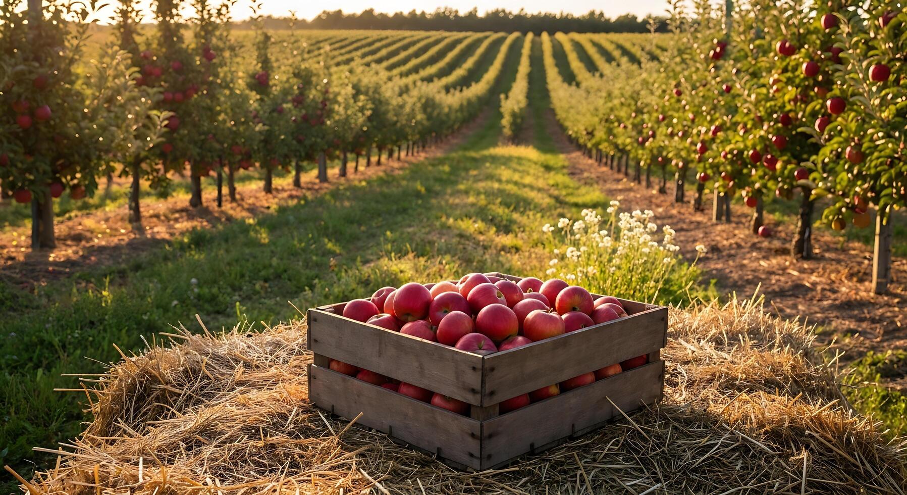 Freshly harvested red apples in wooden crate at scenic orchard during golden sunset photo