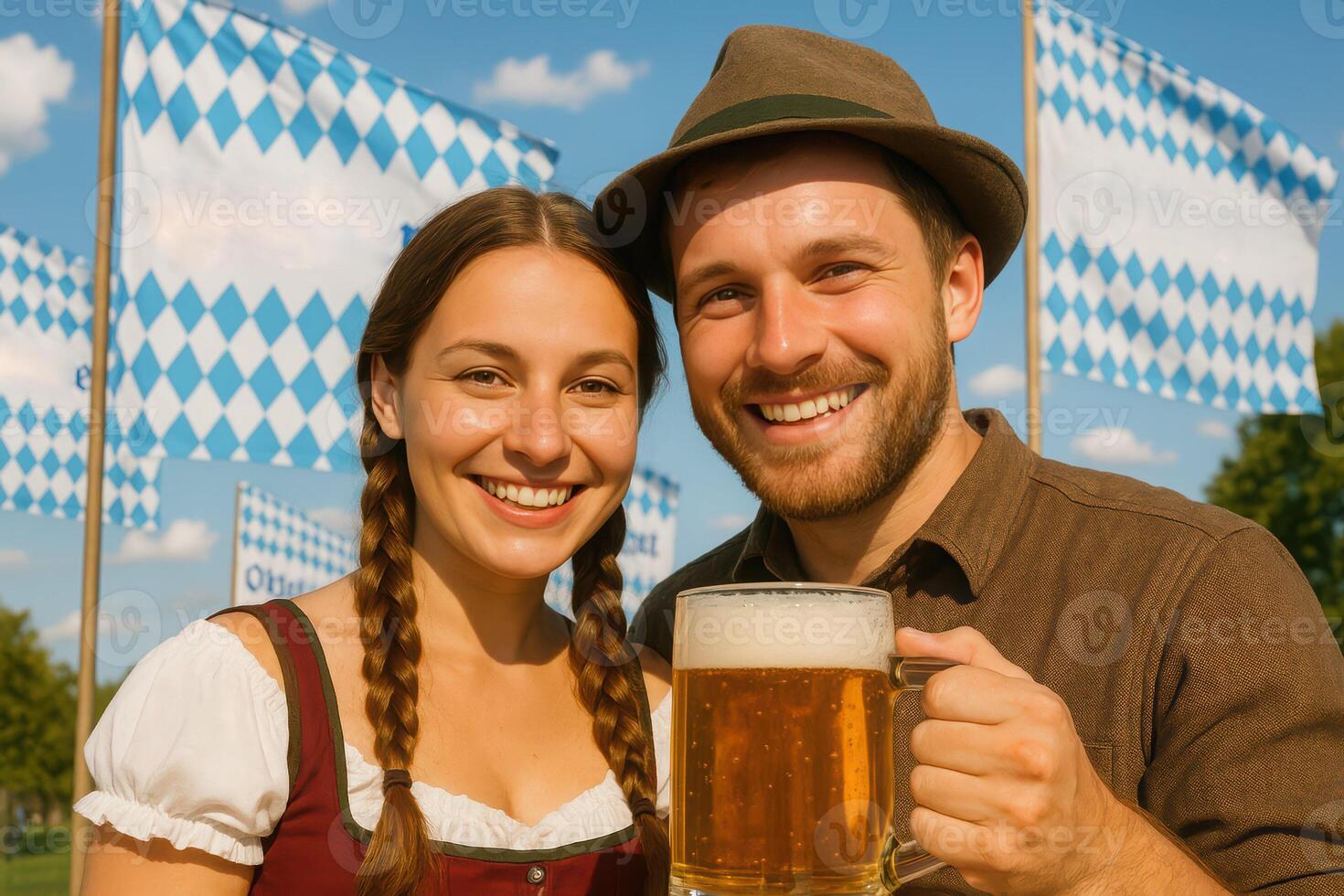 Smiling couple celebrating oktoberfest in traditional bavarian attire with beer and flags photo