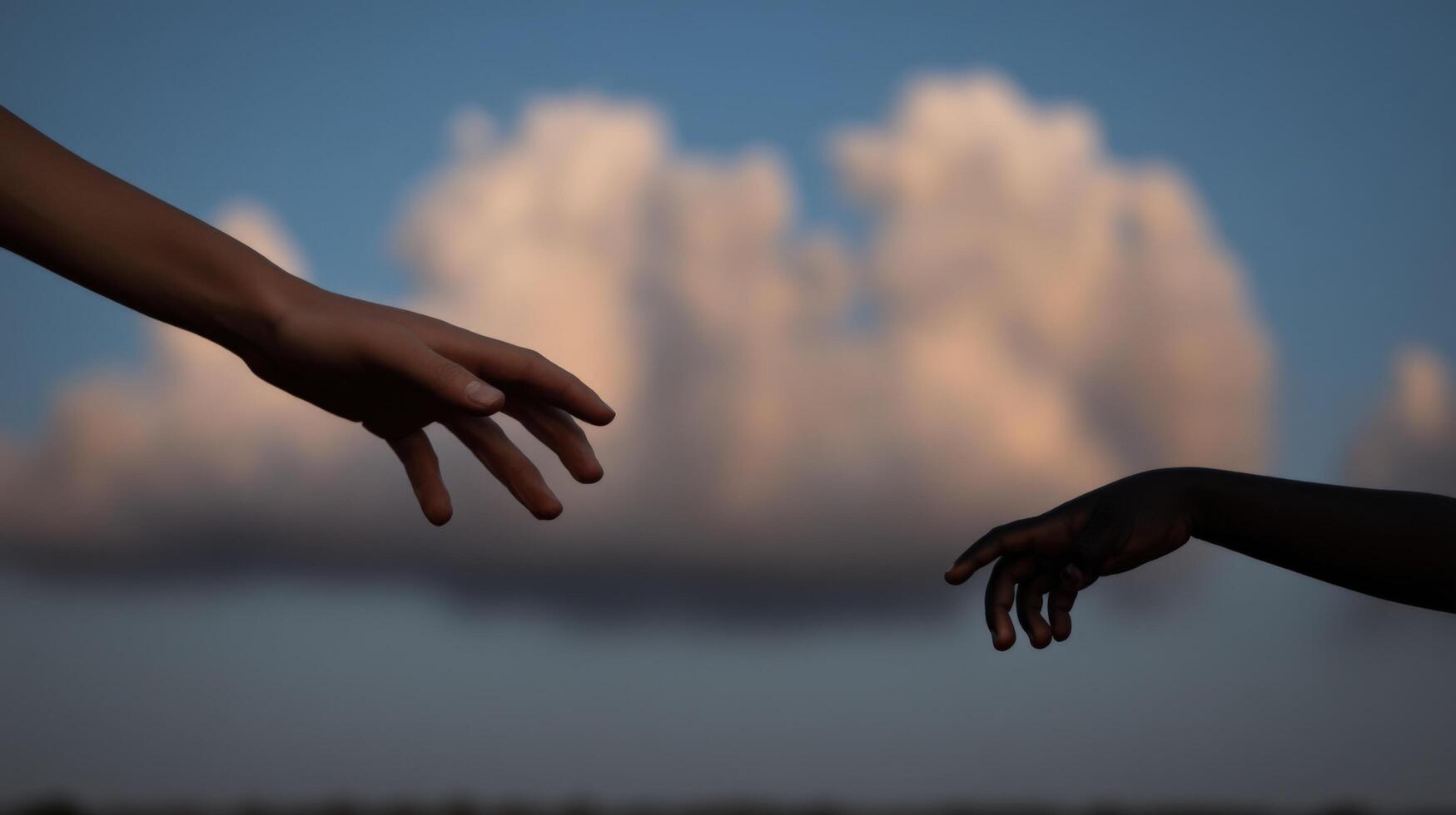 Symbolic Connection Between Two Diverse Hands Against a Dramatic Cloudy Sky photo