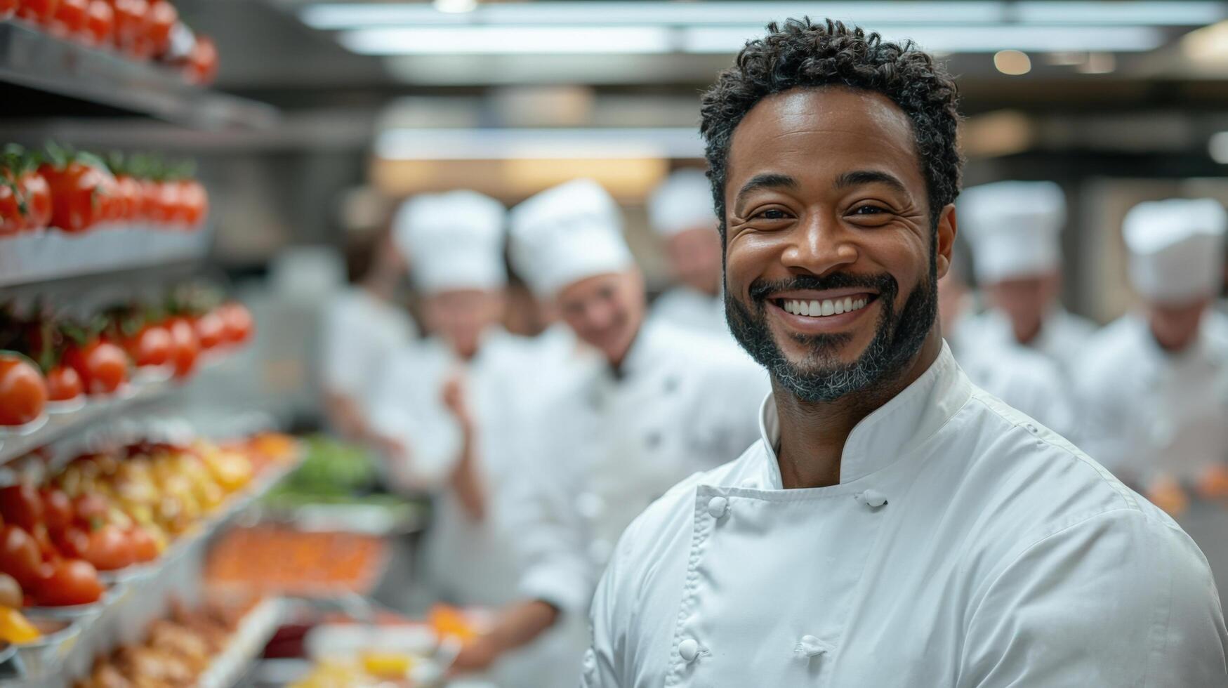 Smiling Male Chef in Modern Kitchen with Culinary Team. Fresh Vegetables and Fruits. Professional Cooking Environment photo