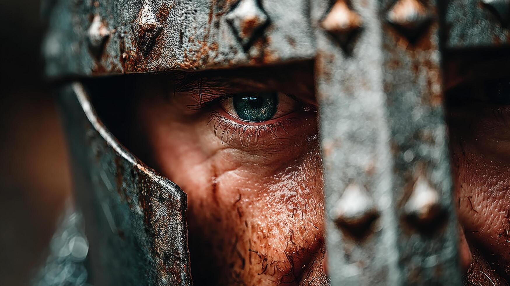 Close-Up of a Battle-Worn Knight in Armor with Intense Gaze and Weathered Features photo