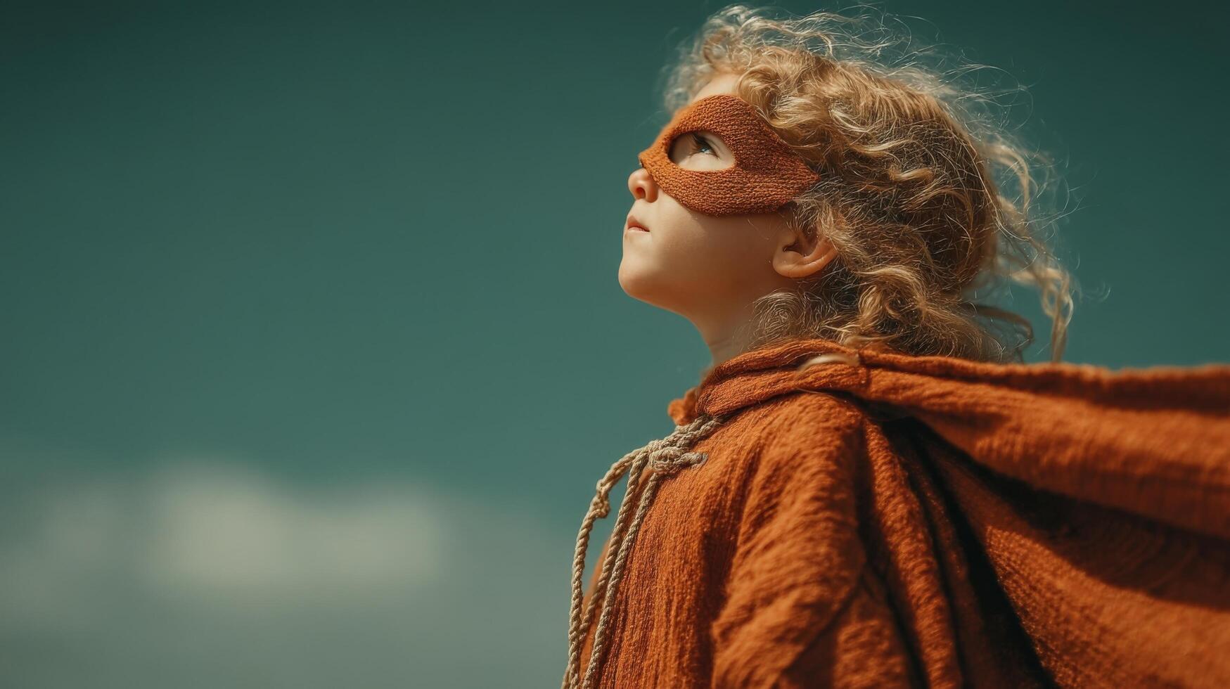 Girl in superhero costume gazing upward photo