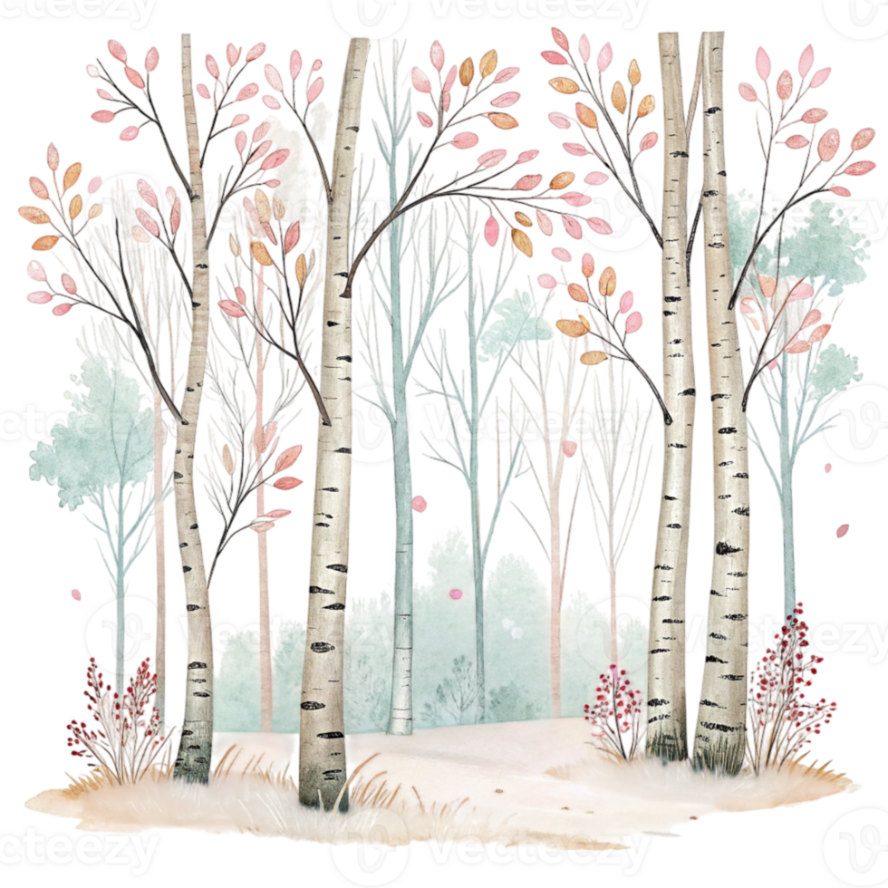 Watercolor illustration of a forest with trees png