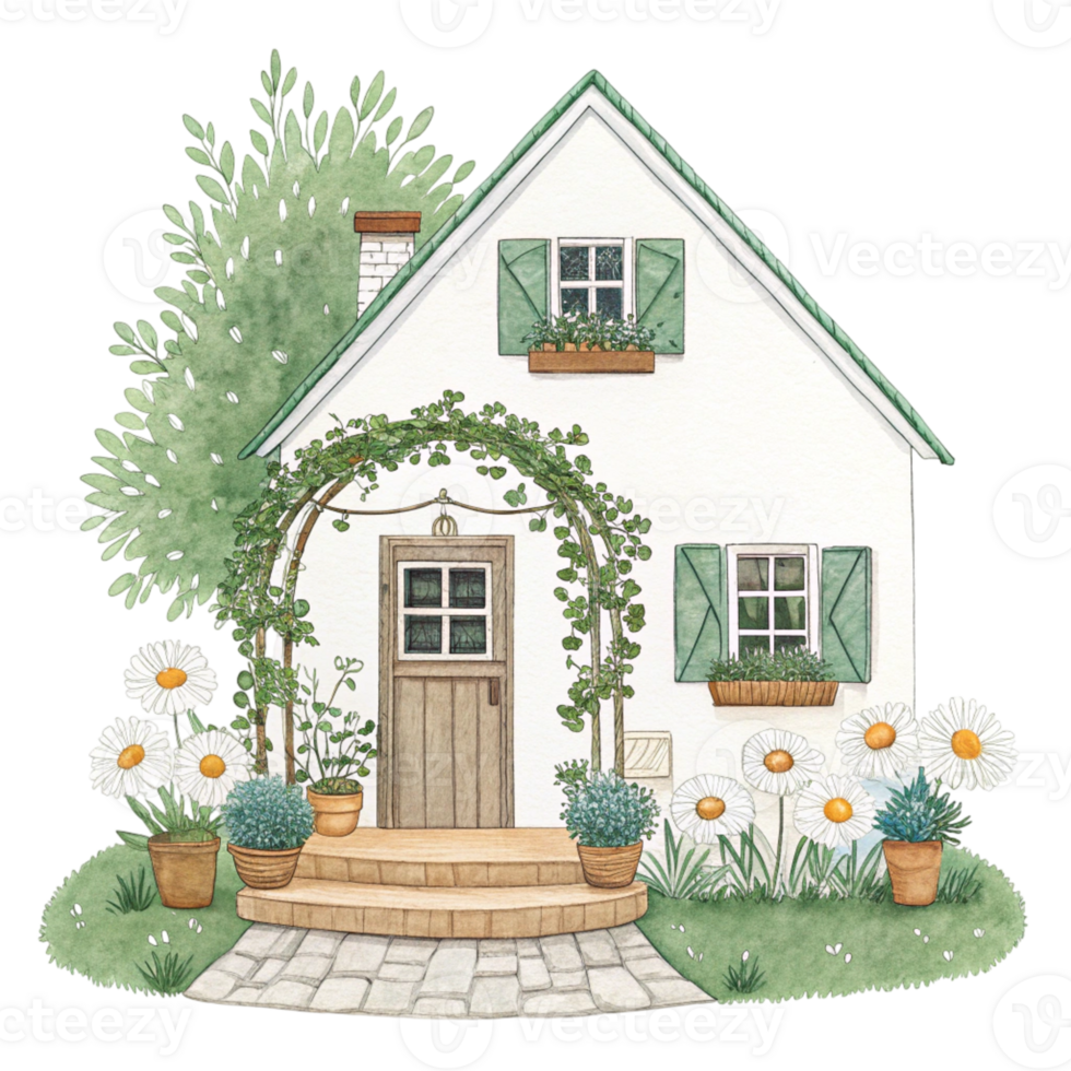 A small white house with flowers and plants png
