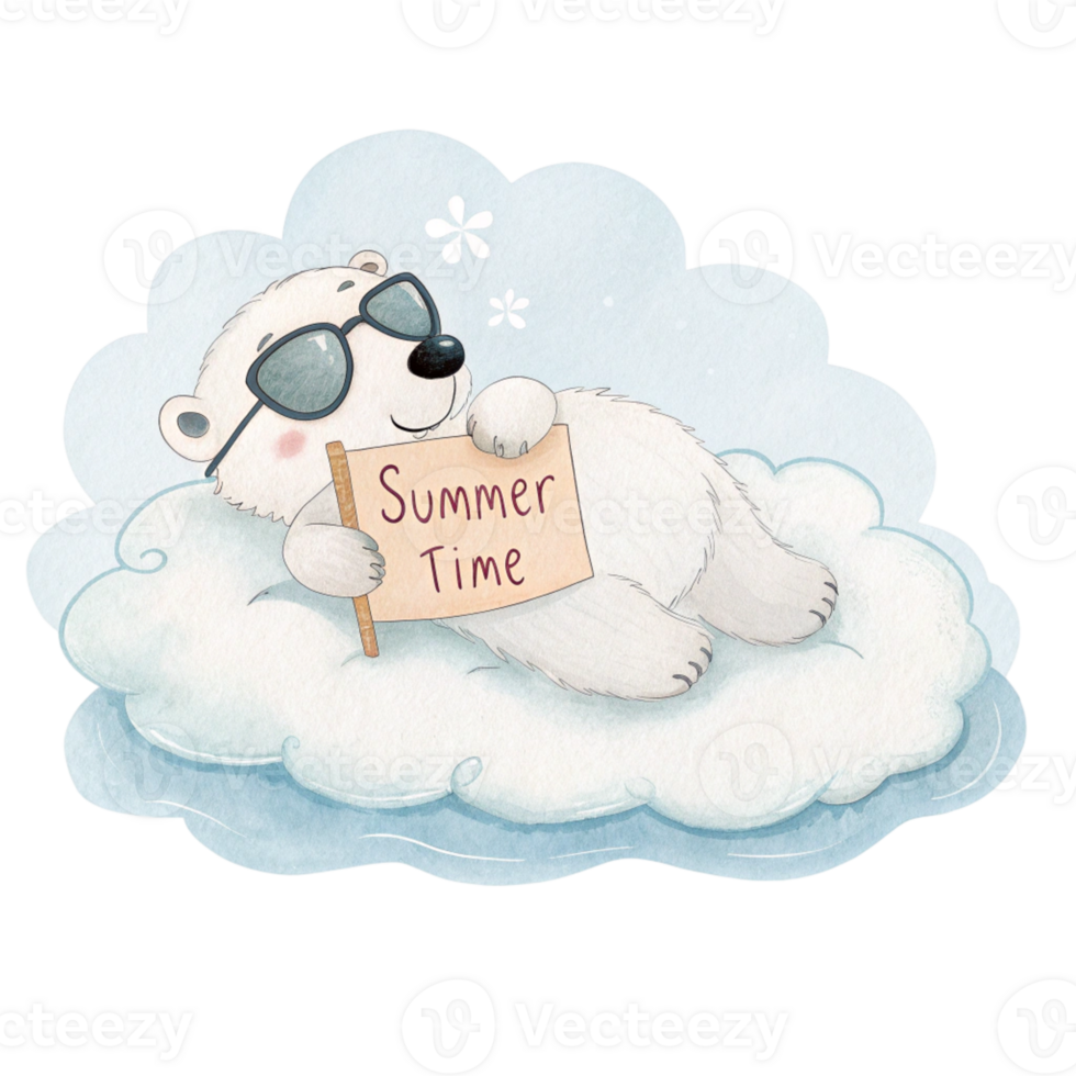 A polar bear is laying on a cloud with a sign that says summer time png