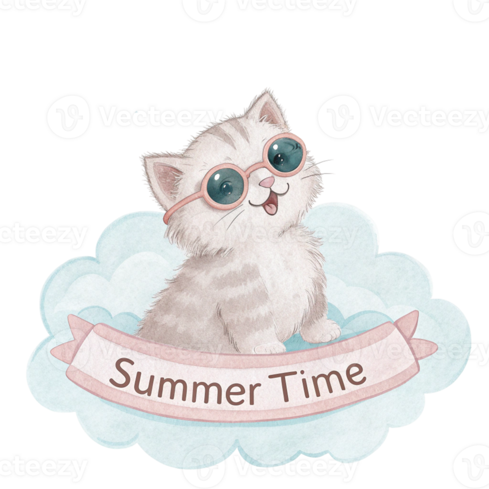 A cat wearing glasses and a ribbon with the words summer time png