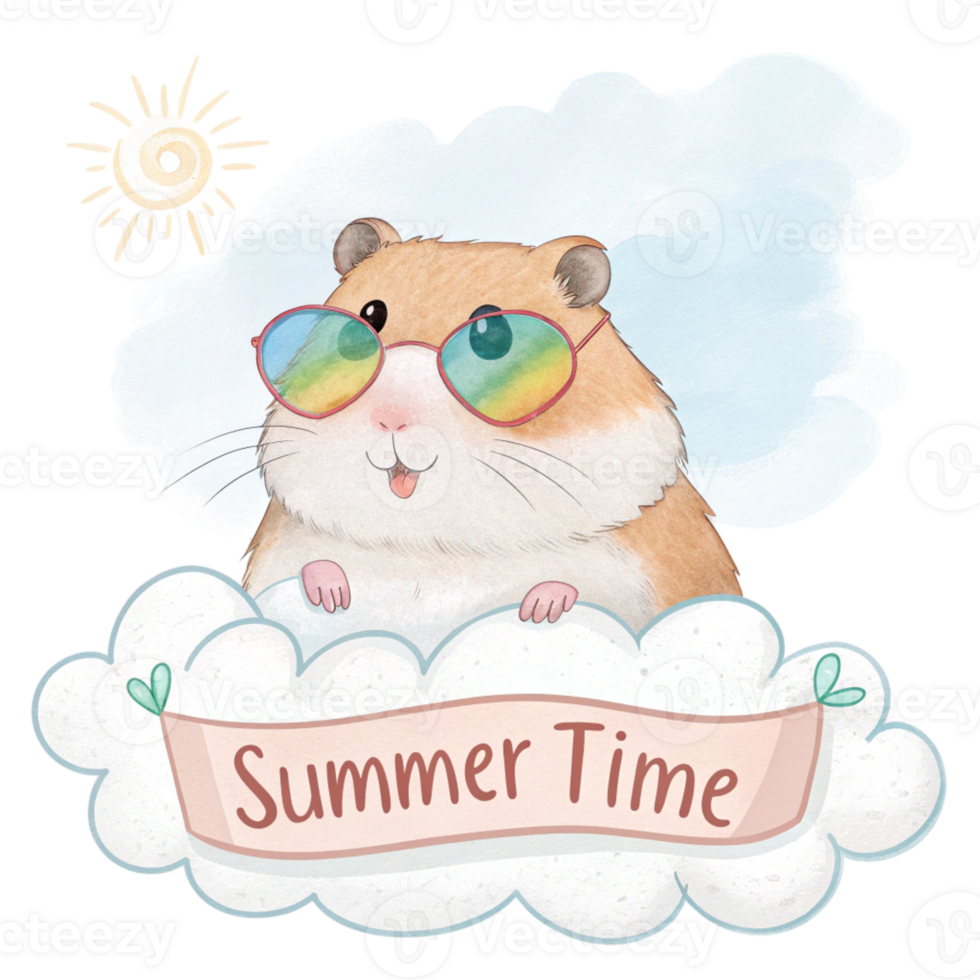 A hamster wearing sunglasses and holding a sign that says summer time png