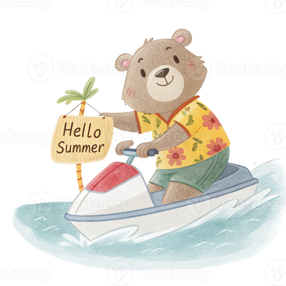 A cartoon bear riding a jet ski with a hello summer sign png