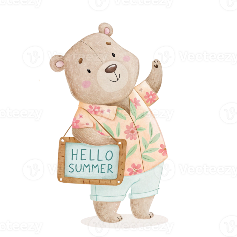 A cartoon bear holding a hello summer sign wood png