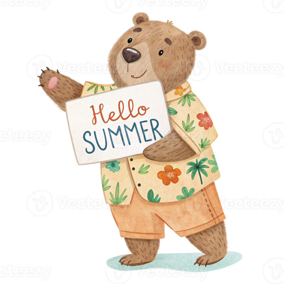 bear hug holding a hello summer sign png