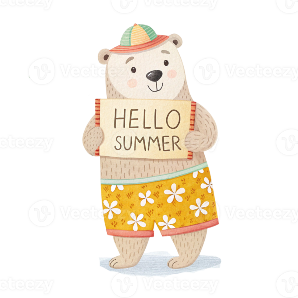 bear holding a sign that says hello summer png