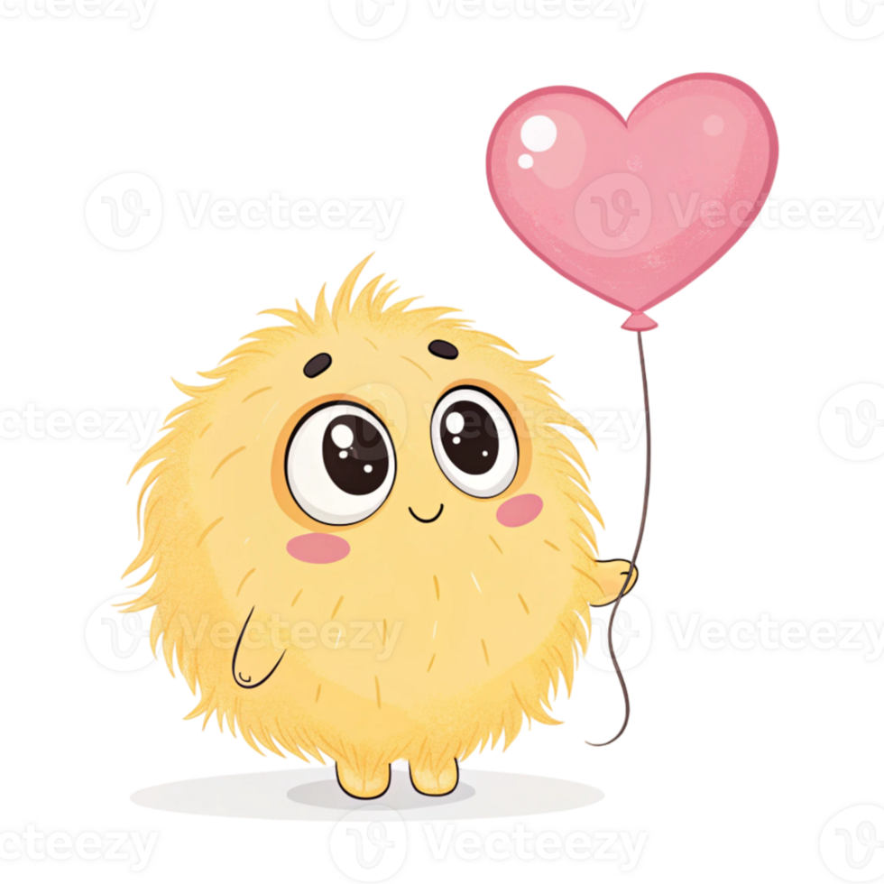 A cute fluffy yellow ball with a heart shaped balloon png