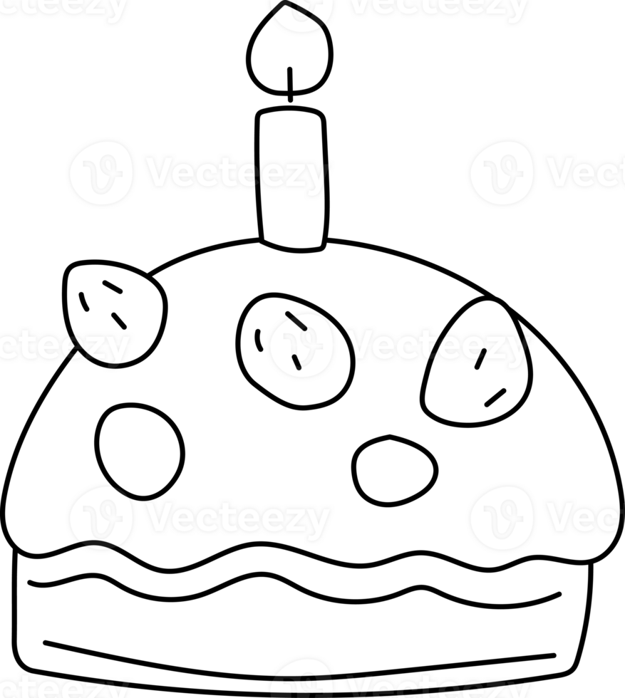 Kawaii Style Birthday Cake Doodle, Single Candle, Black and White png