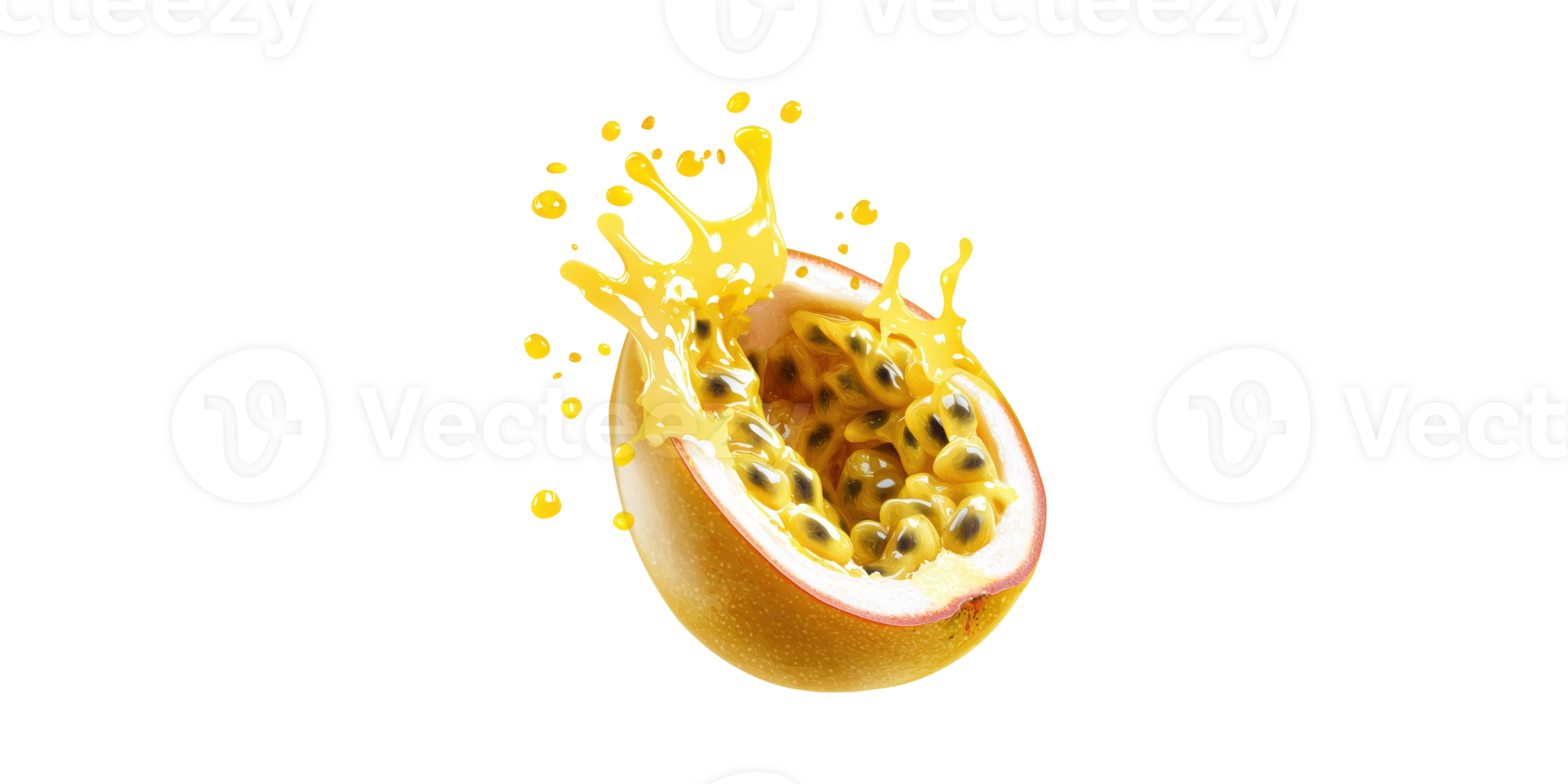Half Passion Fruit With Juice Splashing. Freshness And Tropical Flavor Concept Isolated On Transparent Background png