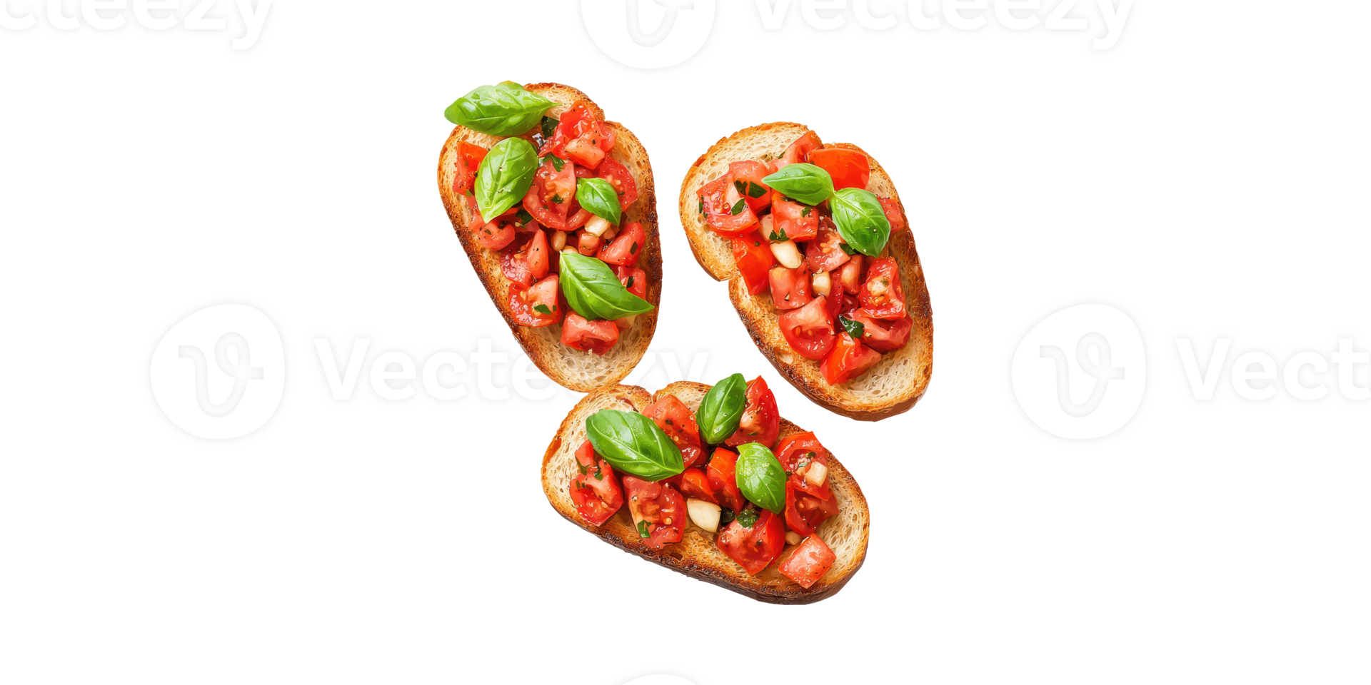 Three Tomato Bruschetta With Basil Toasted Bread. Italian Appetizer Isolated On Transparent Background png