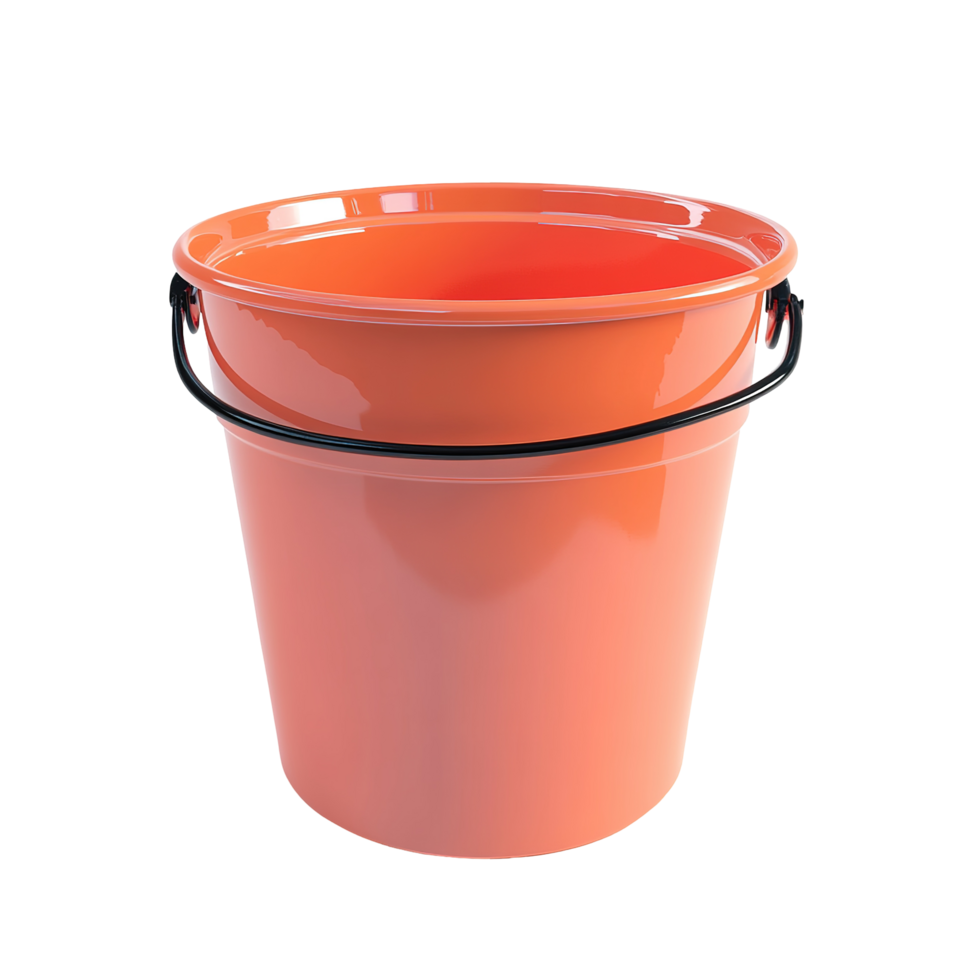 Single, bright coral-colored bucket with a handle isolated on a transparent background. png