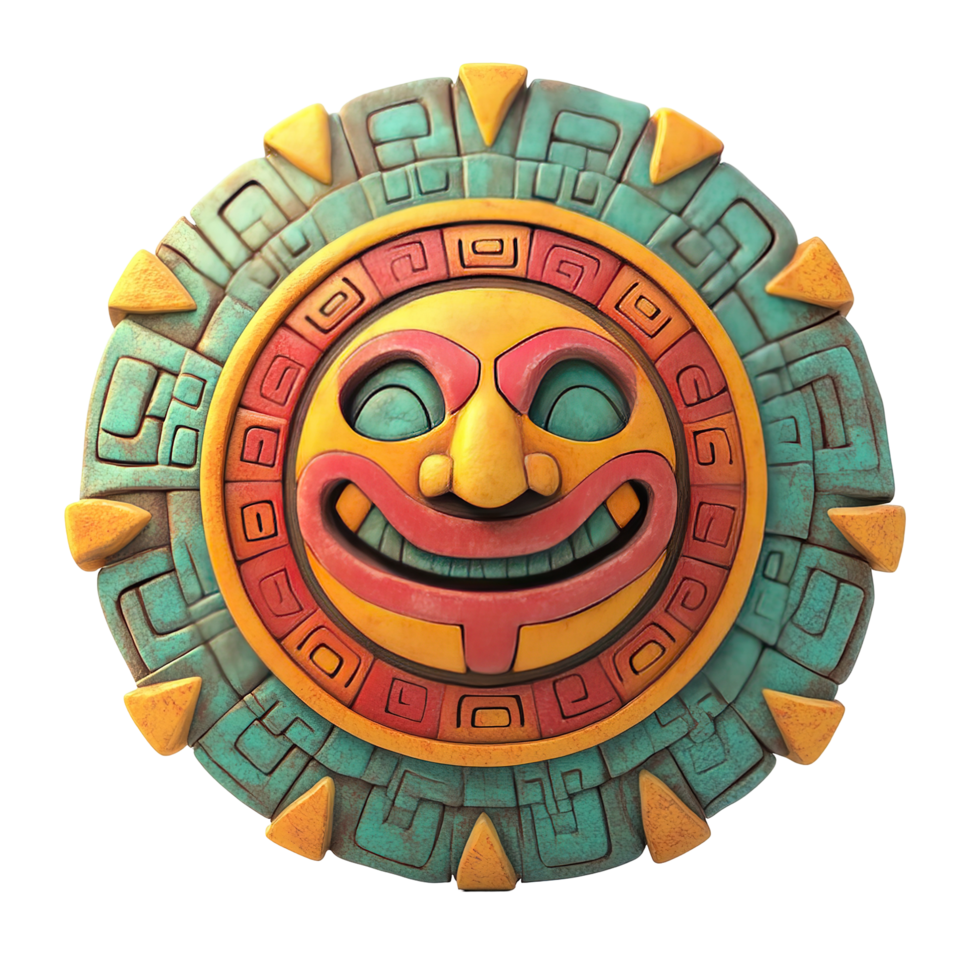 Colorful sun-shaped mask with intricate carvings isolated on a transparent background. png