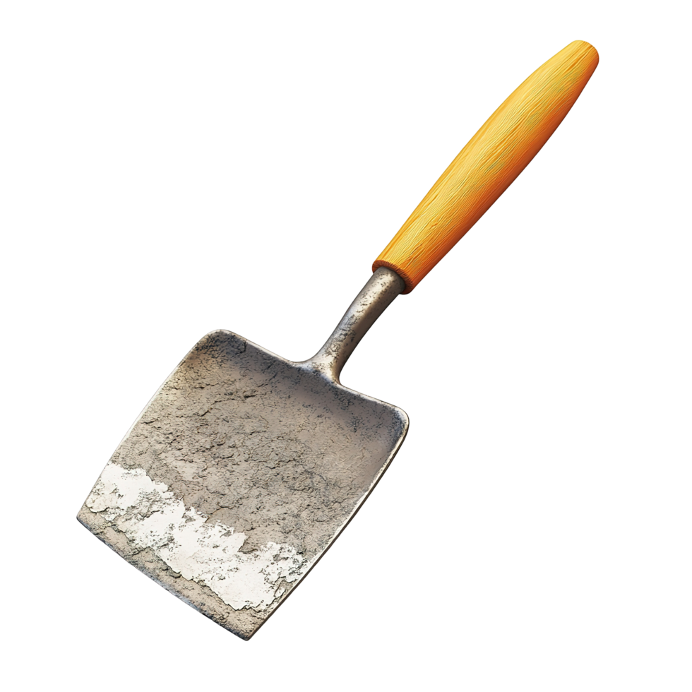 Rusty trowel with wooden handle isolated on a transparent background. png