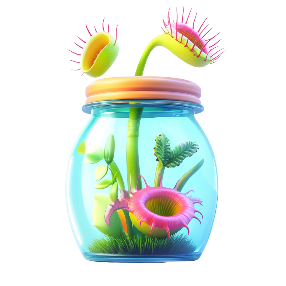 Vividly colored venus flytraps inside a glass jar isolated on a transparent background. png