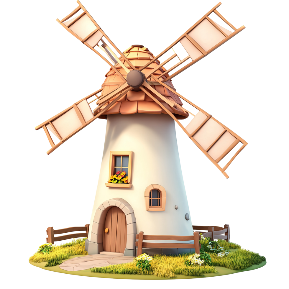 A charming, cartoon windmill with a tiled roof and decorative details isolated on a transparent background. png