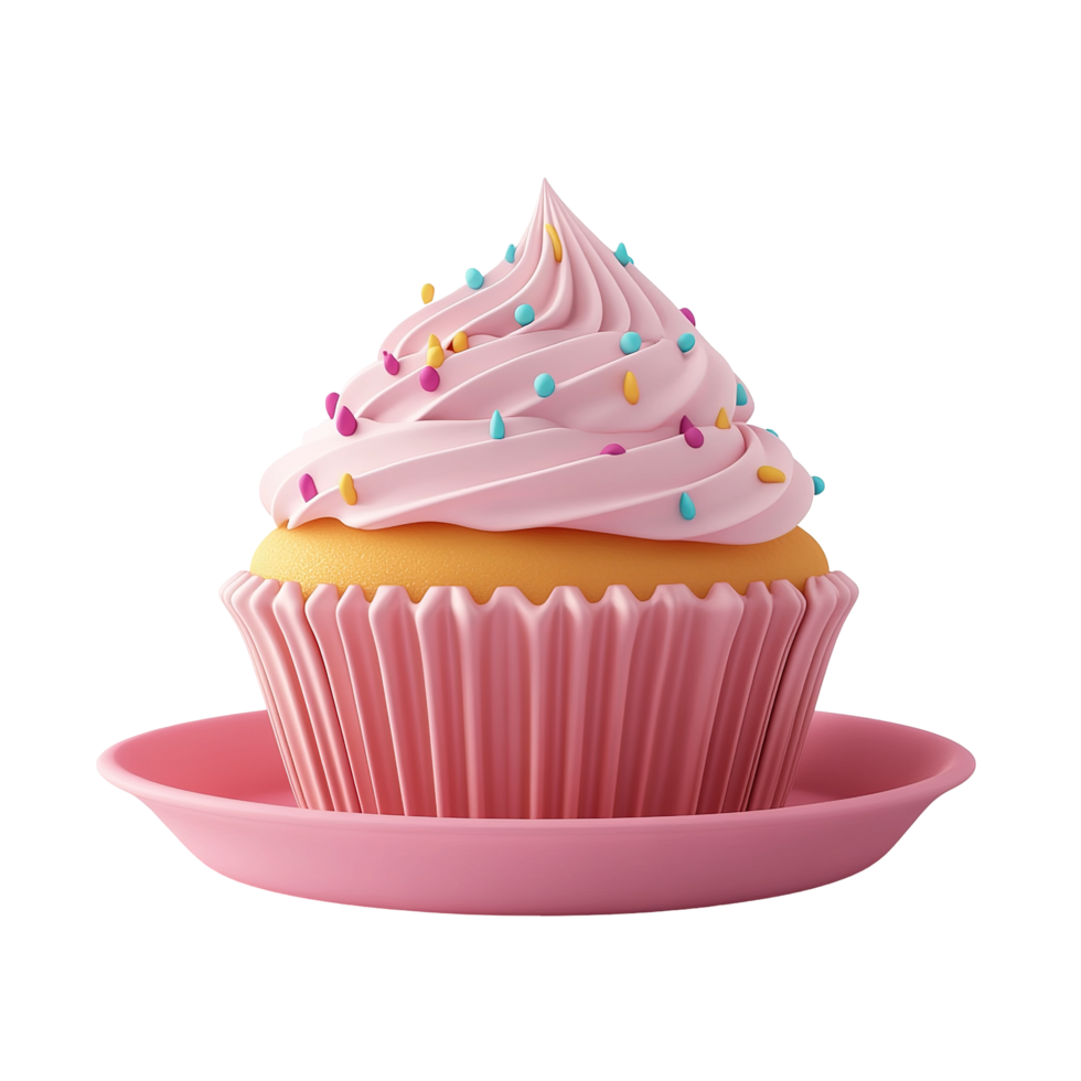 A single, pink cupcake with colorful sprinkles on a pink saucer isolated on a transparent background. png
