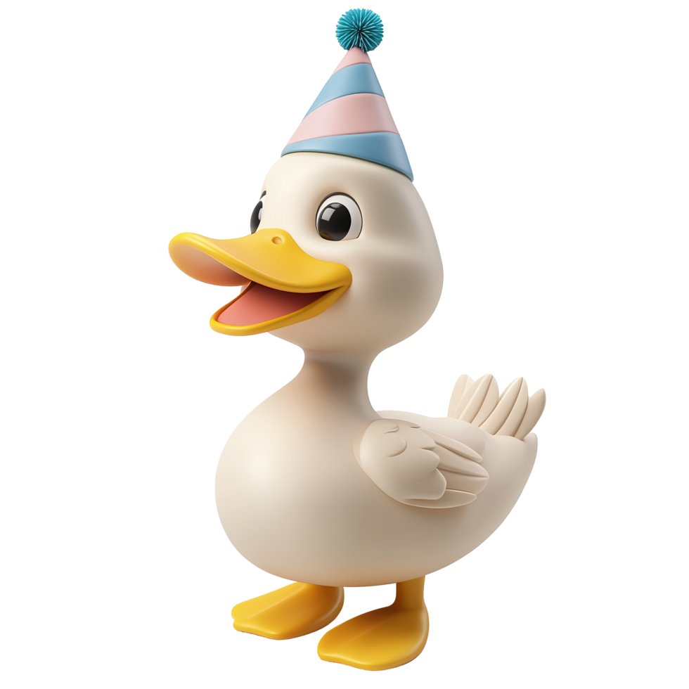 Cheerful cartoon duck wearing a party hat isolated on a transparent background. png