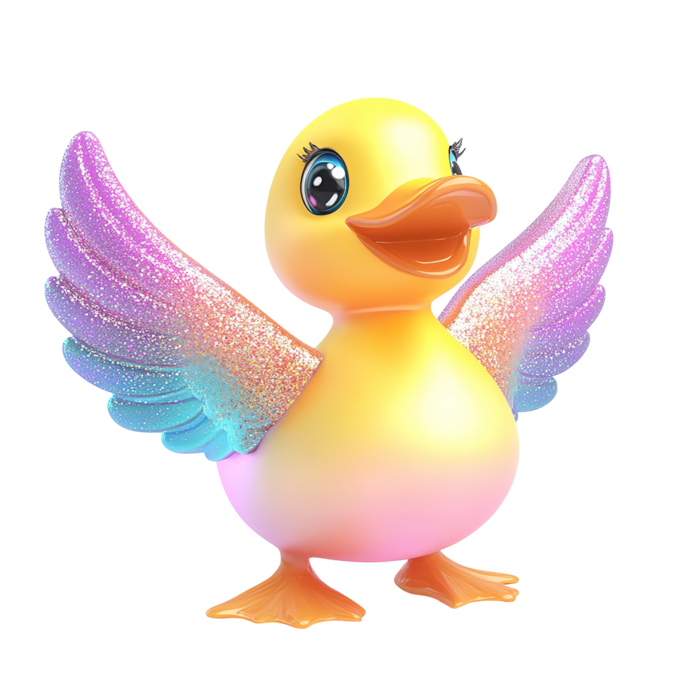Playful, sparkly duck with iridescent wings isolated on a transparent background. png
