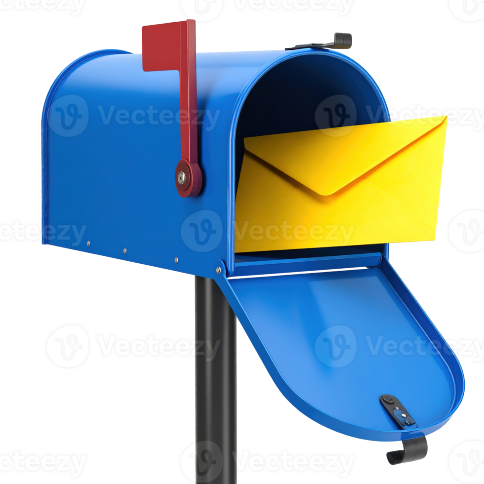 Blue mailbox with a yellow envelope inside isolated on a transparent background. png