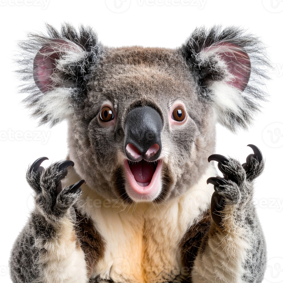Close-up of a koala with an expressive face isolated on a transparent background. png