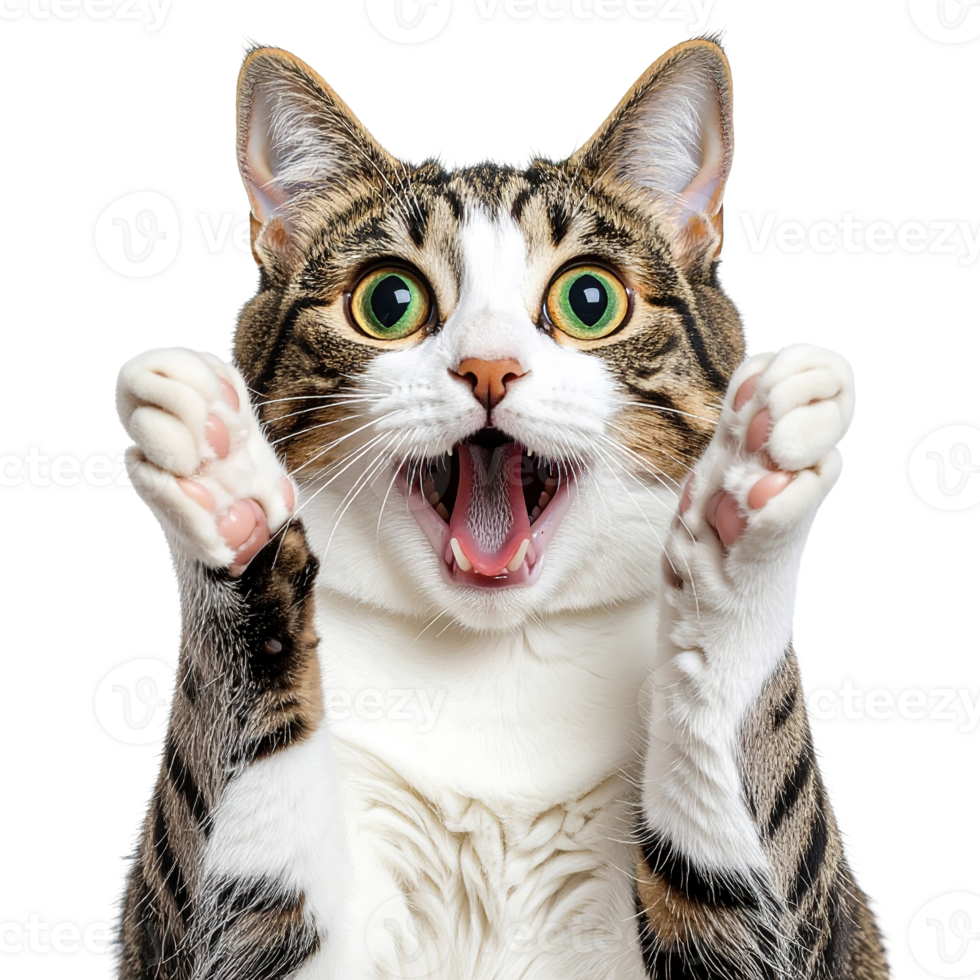 A surprised cat with its paws raised in excitement isolated on a transparent background. png