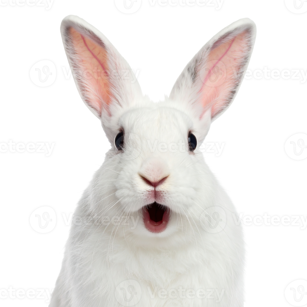 Close-up of a white rabbit with an open mouth isolated on a transparent background. png