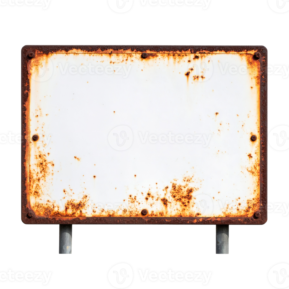 Rusted metal sign with blank white surface isolated on a transparent background. png
