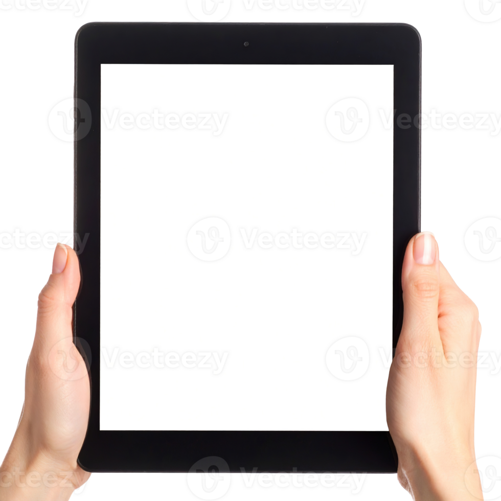 Hands holding a tablet computer with a blank screen isolated on a transparent background. png