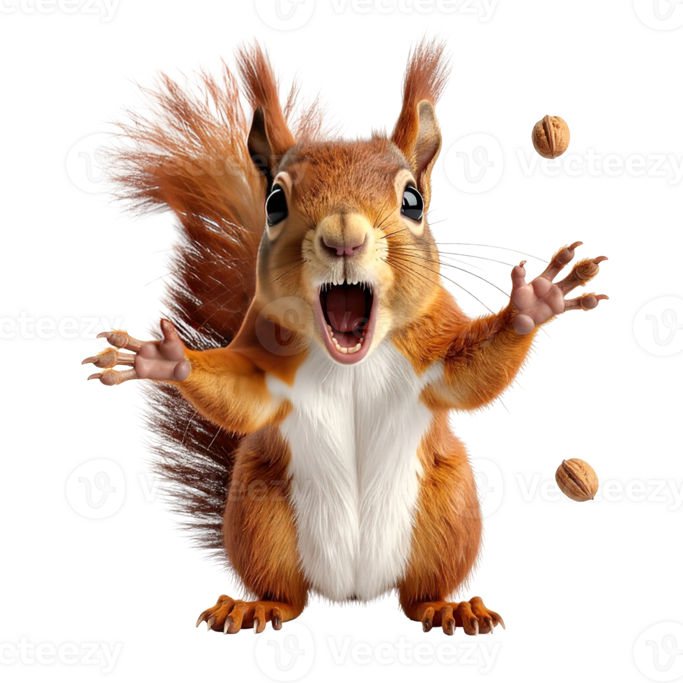 Playful squirrel throwing nuts in the air isolated on a transparent background. png