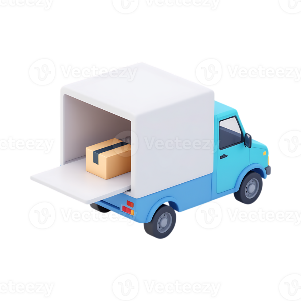 3D render of a delivery truck with a package png