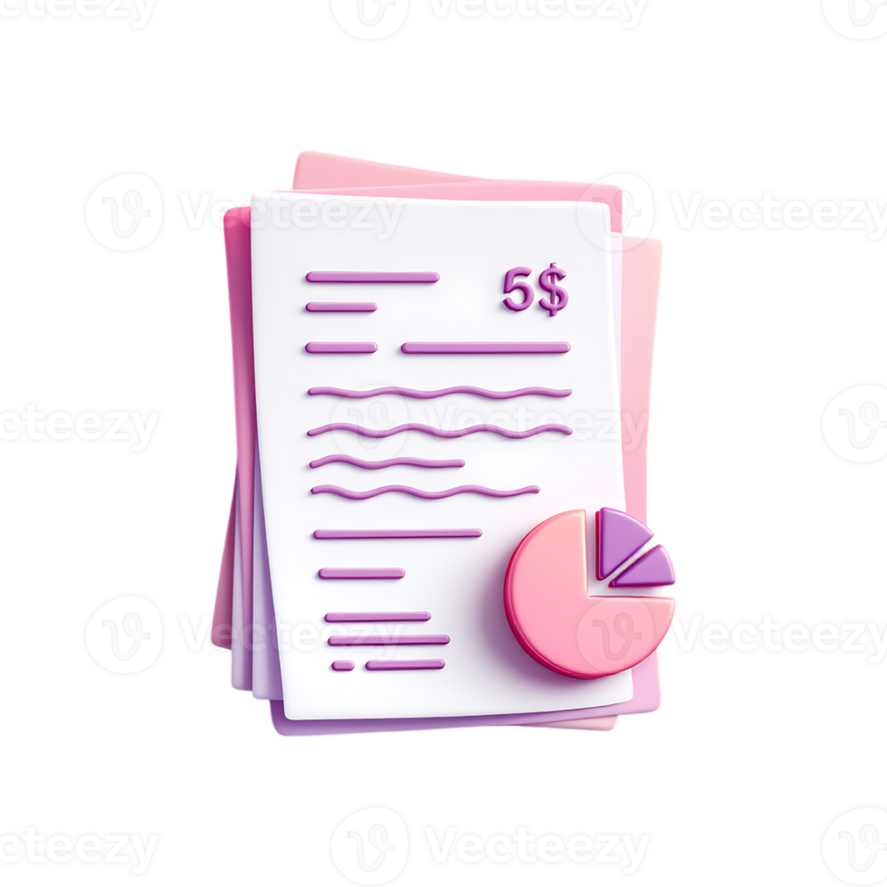 3D illustration of financial documents and pie chart. png
