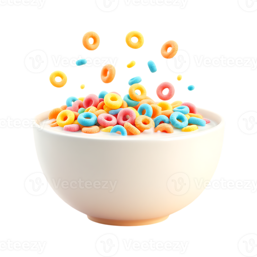 Colorful cereal rings in a bowl of milk png