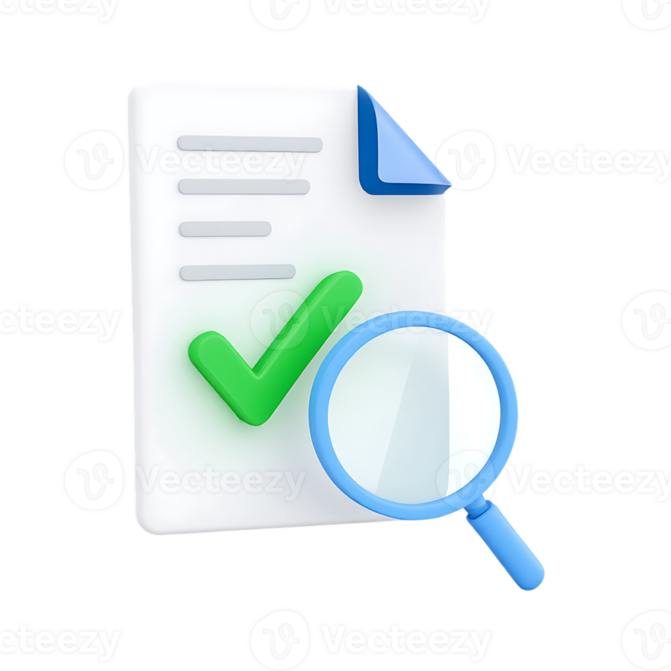 3D illustration of document check and magnifying glass. png