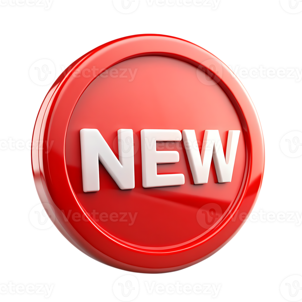 Shiny red circle button with white new text isolated on transparent background png