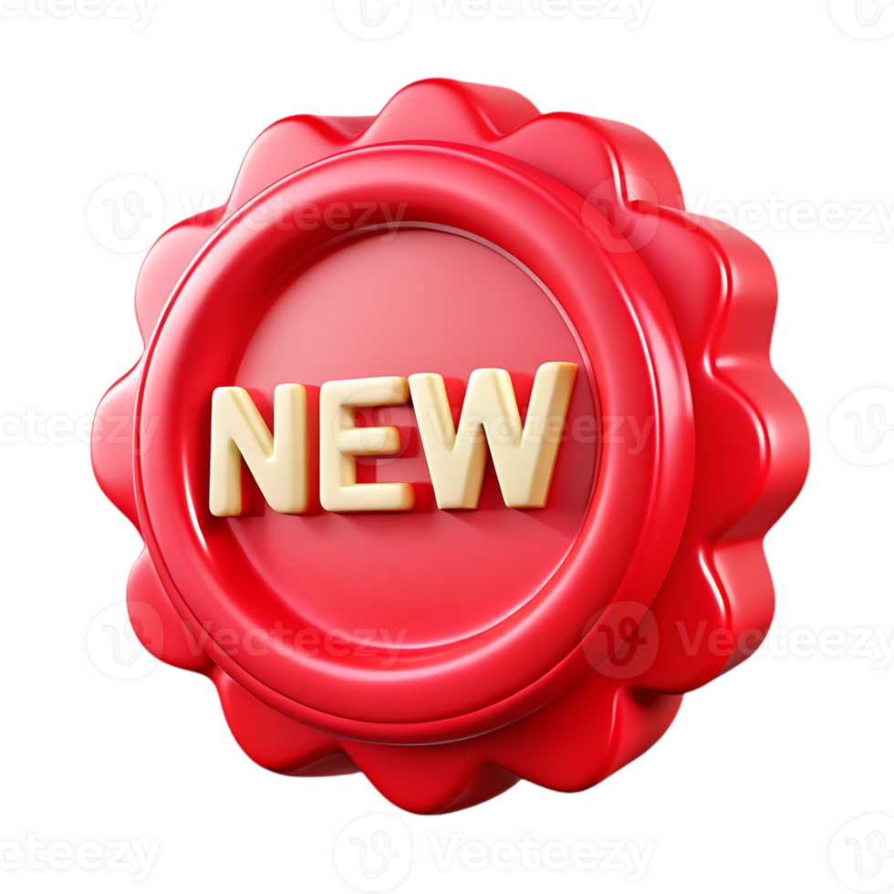 Shiny red seal with cream colored new text isolated on transparent background png