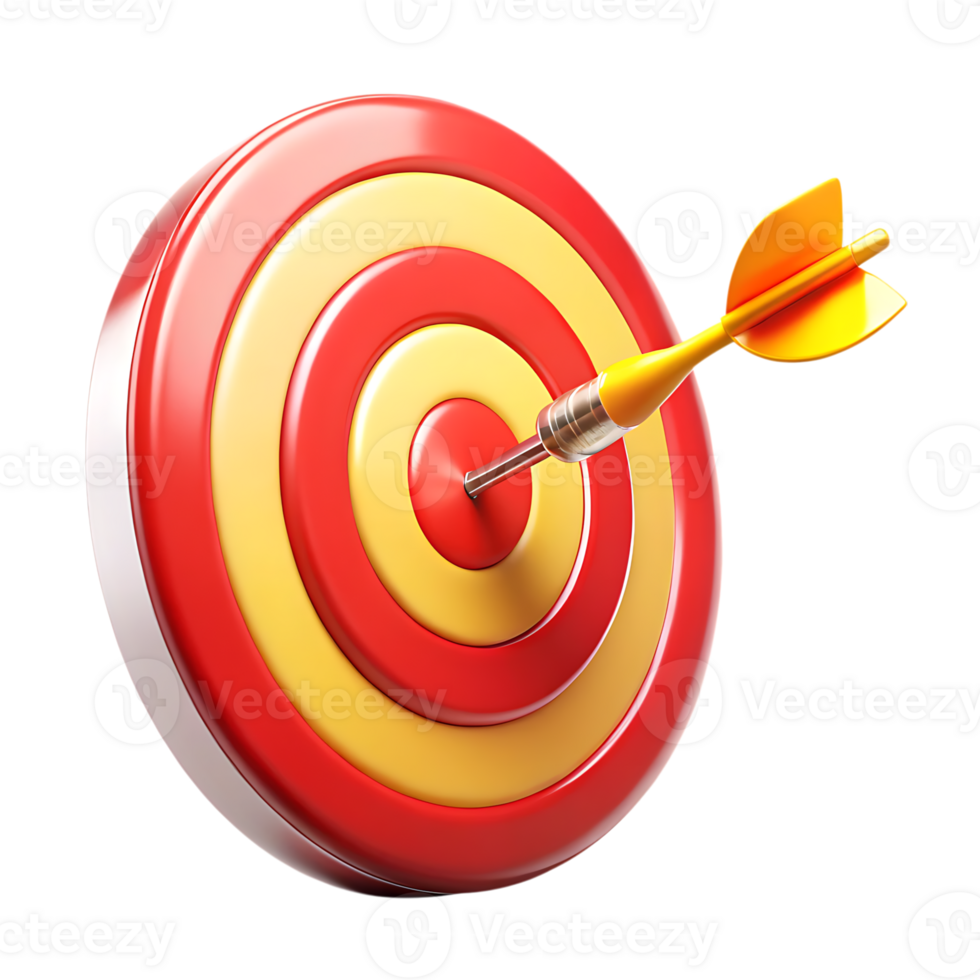 Dart hitting the bullseye on a red and yellow target isolated on transparent background png