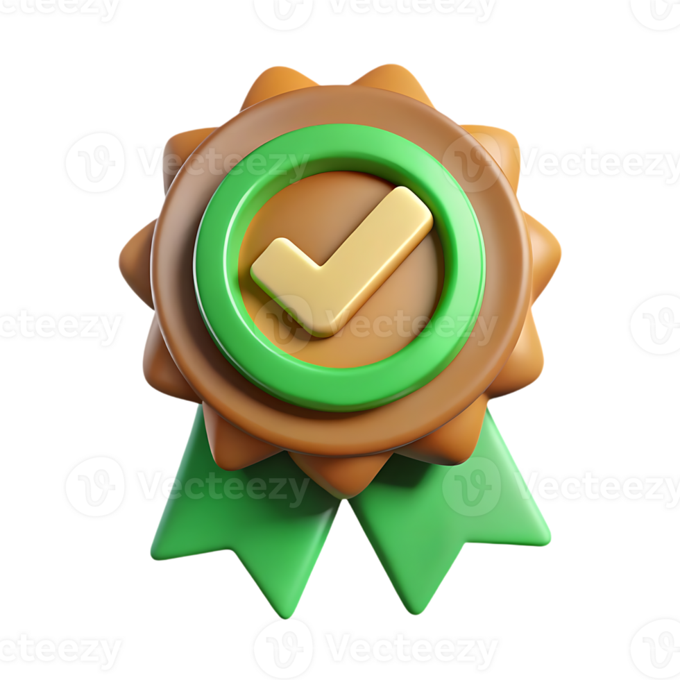 3d golden checkmark badge with green ribbon isolated on transparent background png