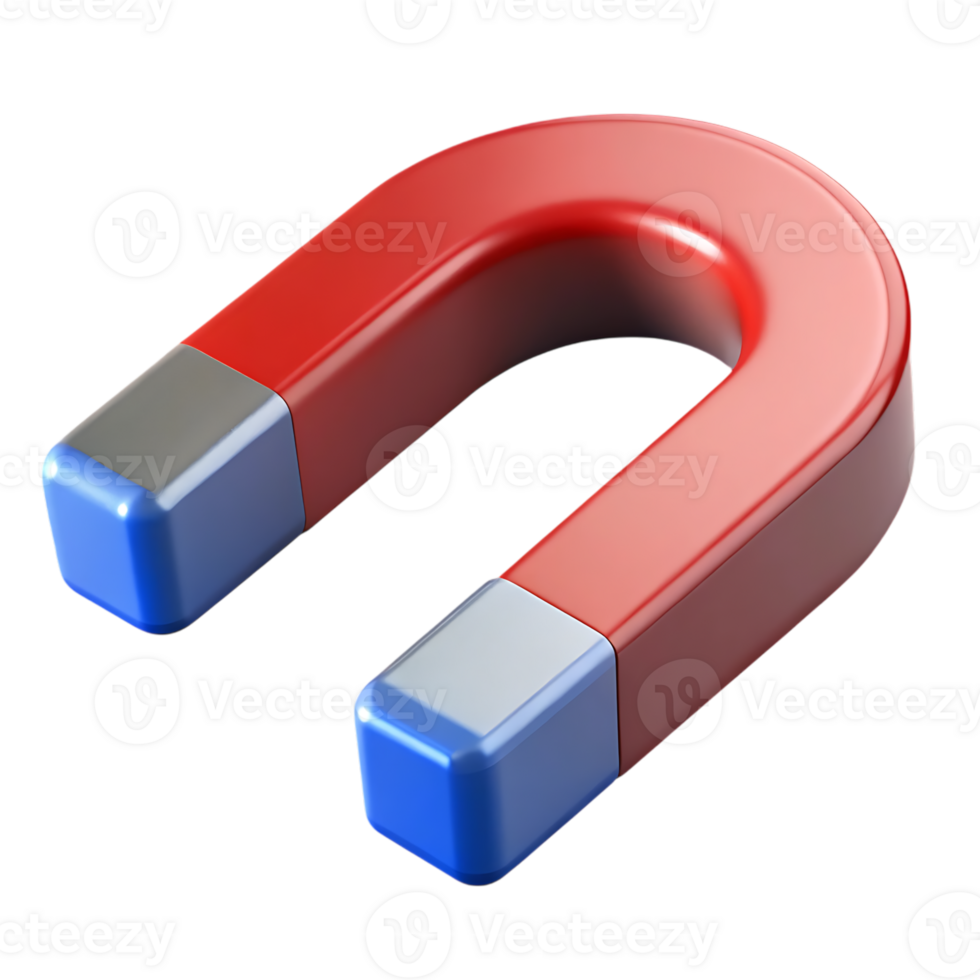 Red horseshoe magnet with blue and gray poles isolated on transparent background png