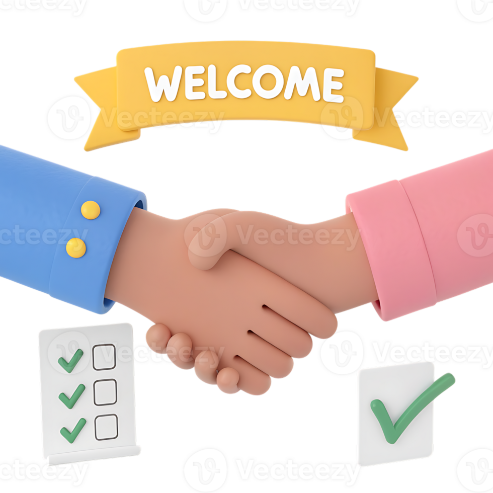 Cartoon handshake with welcome banner and checklists isolated on transparent background png