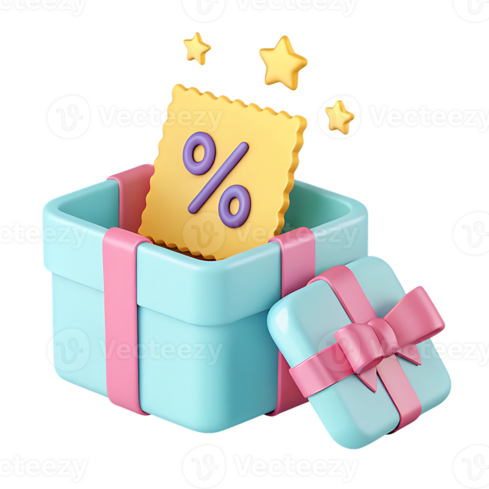 3d rendered gift box with percentage symbol and stars isolated on transparent background png