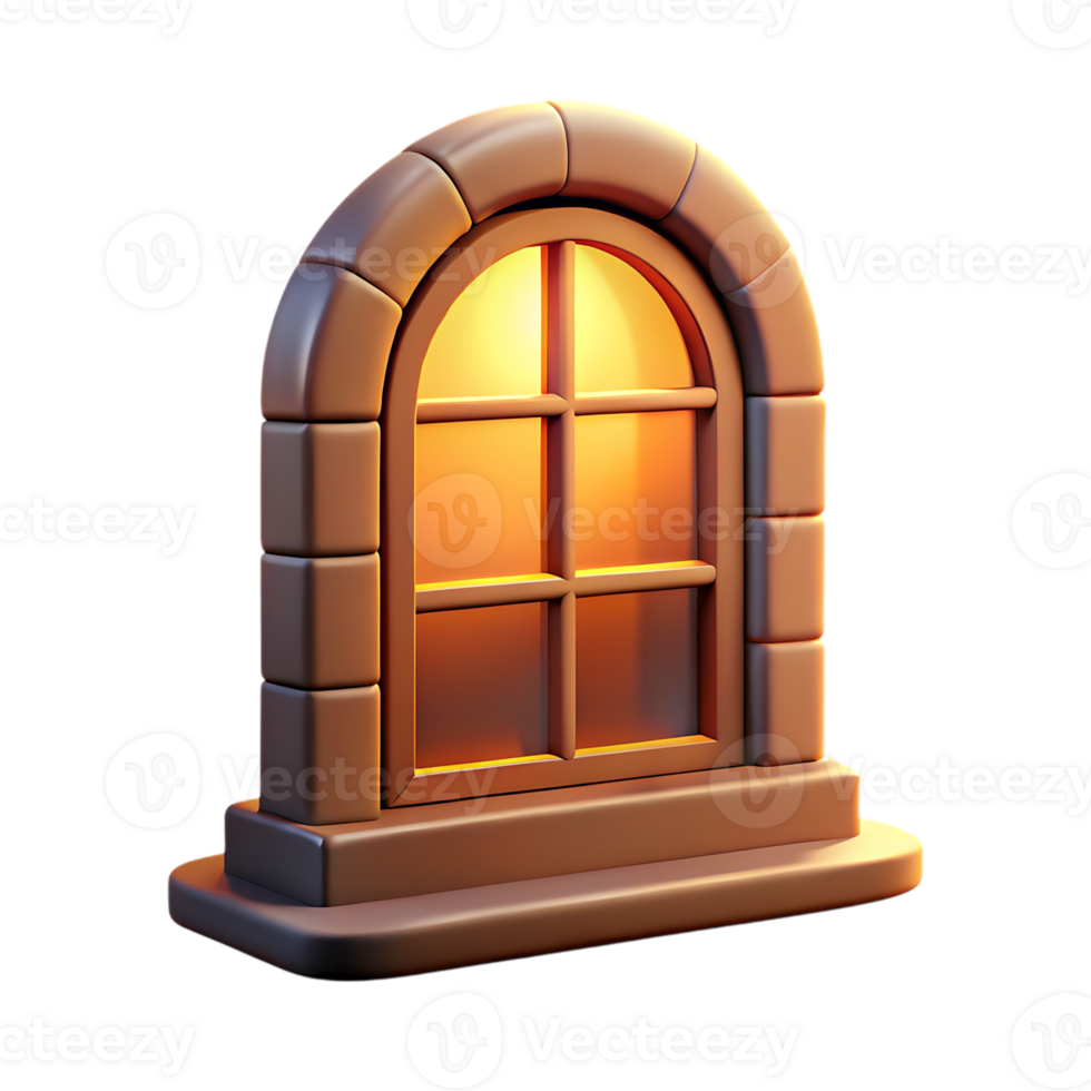 Stylized arched window with warm light isolated on transparent background png